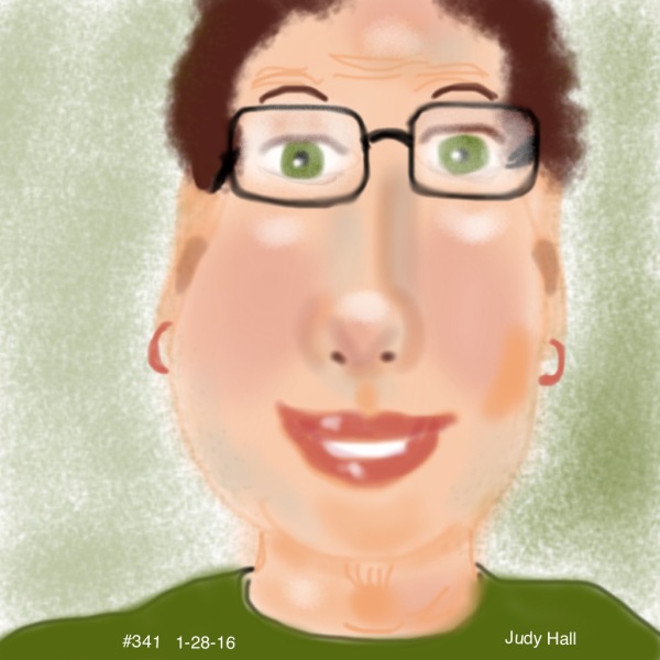 #341 I have so little interest in painting my selfie today. See, I AM smiling in this silly one I just quickly painted in Sketch Club on my iPad. But it is hard to feel cheery with so much wet weather!